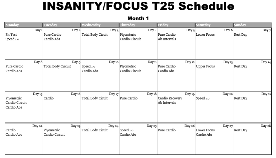 Insanity T25 Hybrid Workout Calendar