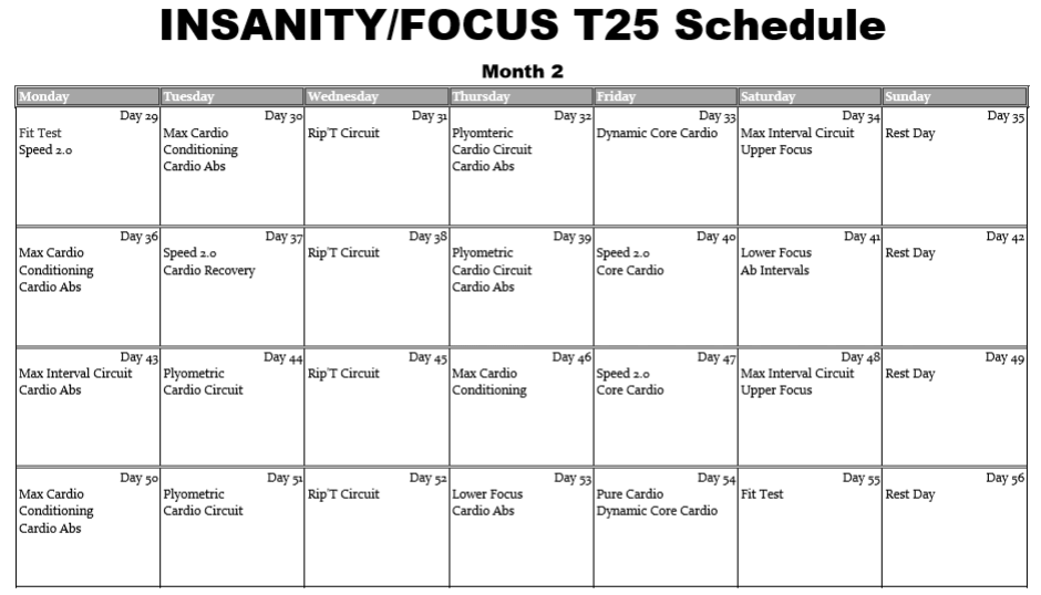 Printable Insanity Workout Wall Calendar Month 2 EOUA Blog